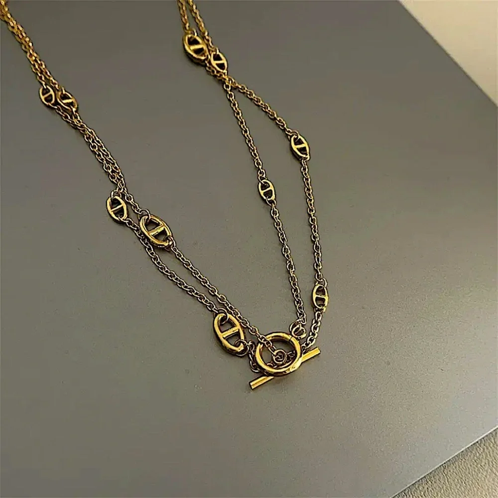 Multilayer Gold Plated Pig nose Necklace Bracelet Set Stainless Steel
